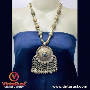 Vintage Afghan Pendant Necklace: Beaded Chain, Kuchi Tribal Jewelry
